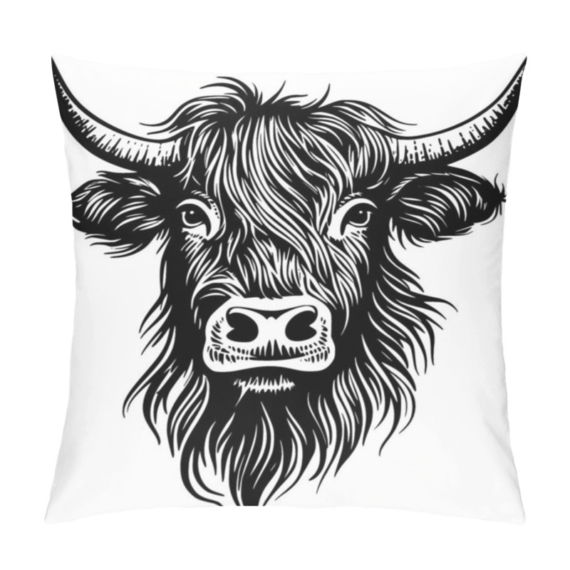 Personality  Highland Cow - Black And White Vector Illustration Pillow Covers