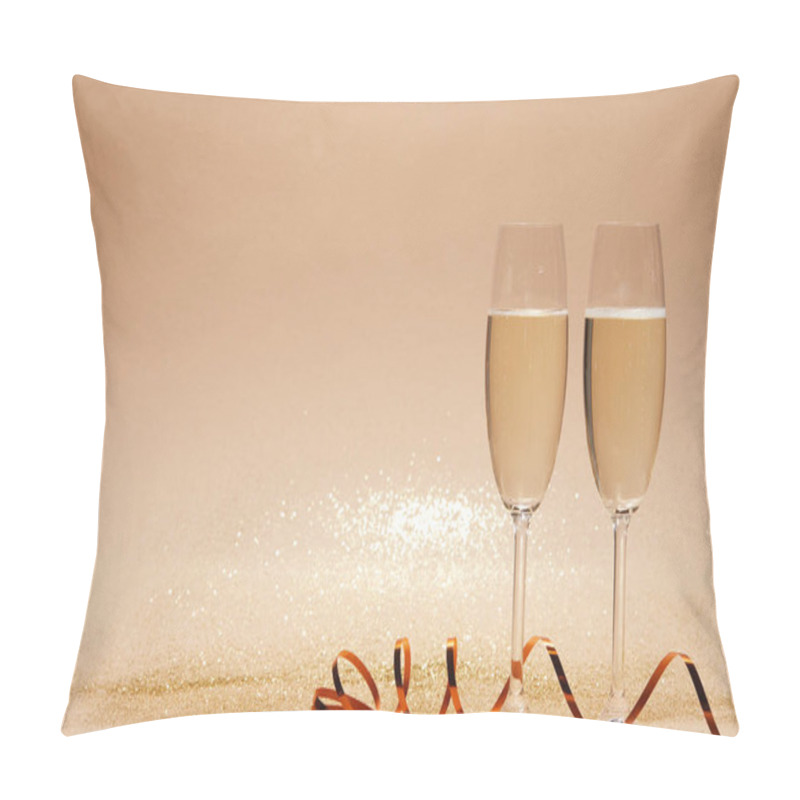 Personality  Wavy Ribbon And Two Glasses Of Champagne With Glitter On Tabletop, Christmas Concept Pillow Covers