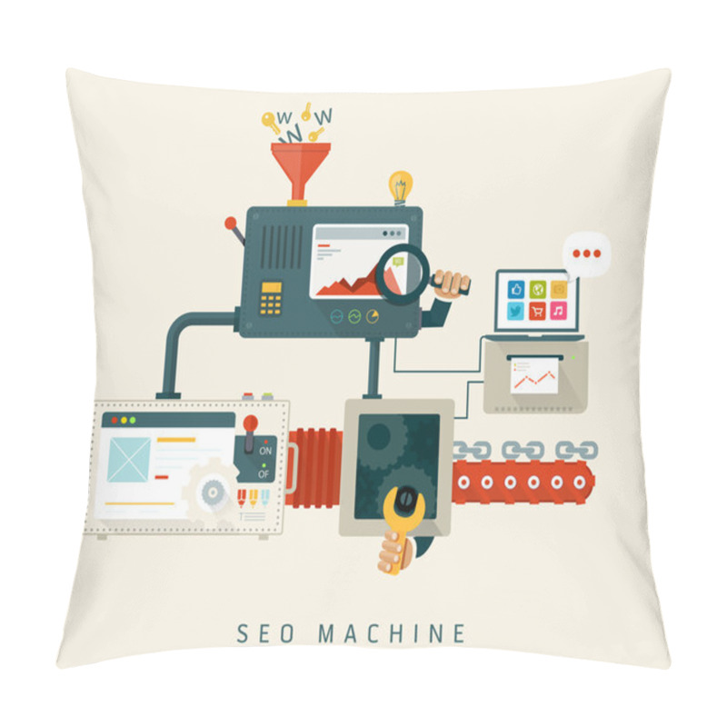 Personality  Website SEO Machine, Process Of Optimization. Flat Style Design Pillow Covers