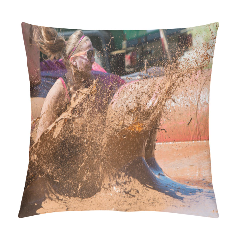 Personality  Woman Creates Huge Muddy Splash At Dirty Girl Mud Run Pillow Covers