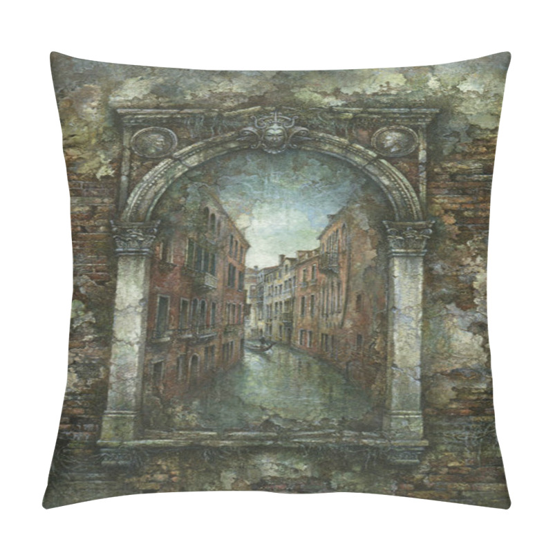 Personality  Damaged Renaissance Frame With A Venetian Cityscape Inside, Acrylic On Paper. Pillow Covers