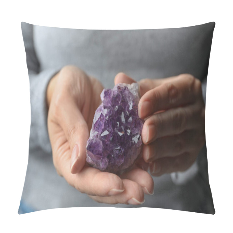 Personality  Woman Holding Beautiful Violet Amethyst Gemstone, Closeup Pillow Covers