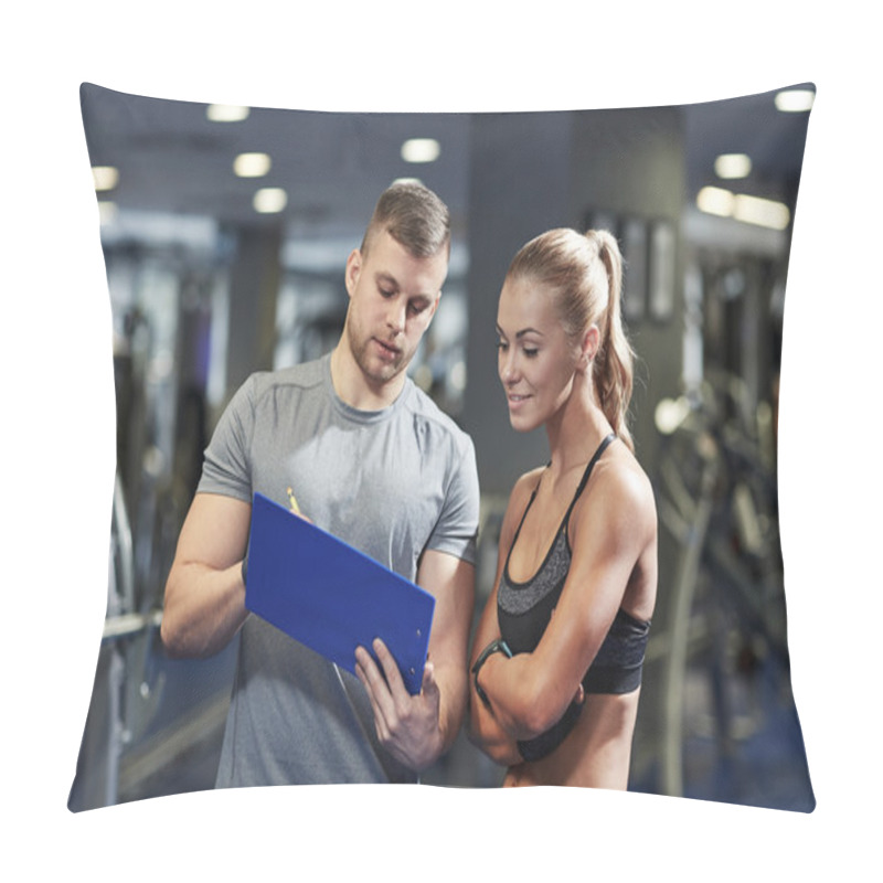 Personality  Smiling Young Woman With Personal Trainer In Gym Pillow Covers