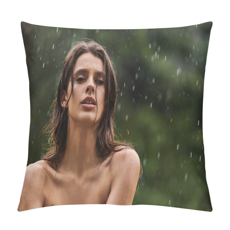 Personality  A Captivating Young Woman In A Stunning Red Dress And Long Gloves Stands Elegantly In The Falling Rain, Embracing The Moment. Pillow Covers