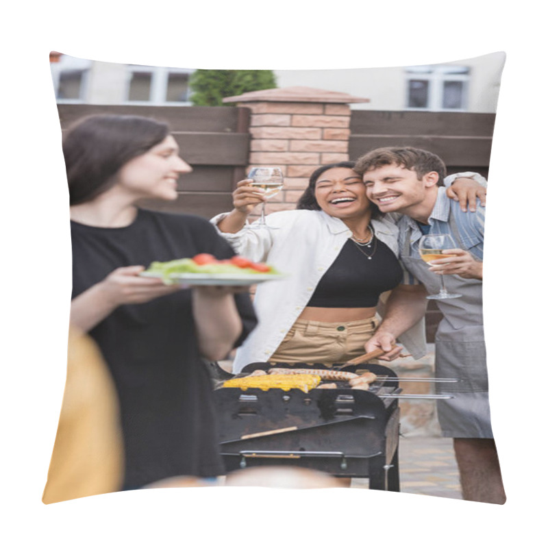 Personality  Happy Bi-racial Woman Holding Wine And Hugging Friend In Apron Making Barbecue Outdoors  Pillow Covers