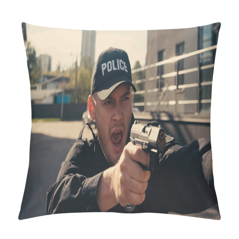 Personality  Young Policeman In Uniform And Cap Holding Gun While Screaming On Urban Street  Pillow Covers