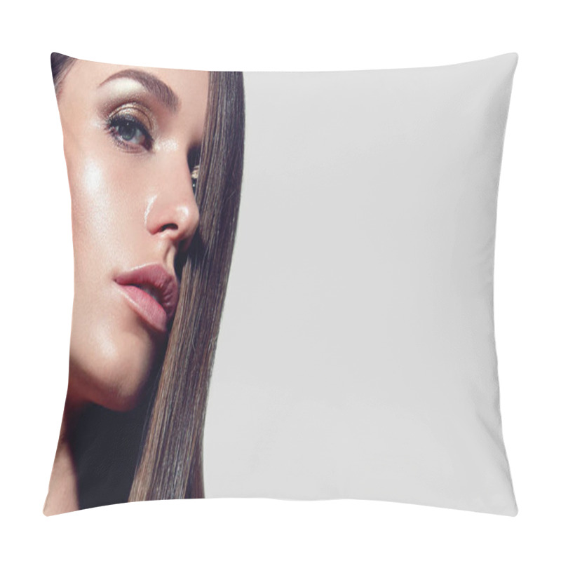 Personality  Portrait Of A Beautiful Young Girl With Natural Make-up And Well-groomed Hair On A White Background In The Studio.Fashion, Beauty, Cosmetics, Make-up, Hairstyle, Advertising, Sales, Magazine. Pillow Covers