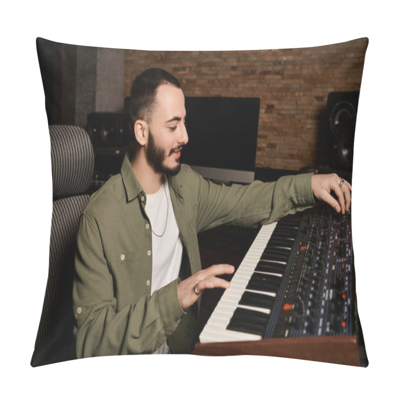 Personality  Talented Man Explores Sonic Possibilities On Electronic Keyboard During Music Band Rehearsal In Professional Recording Studio. Pillow Covers