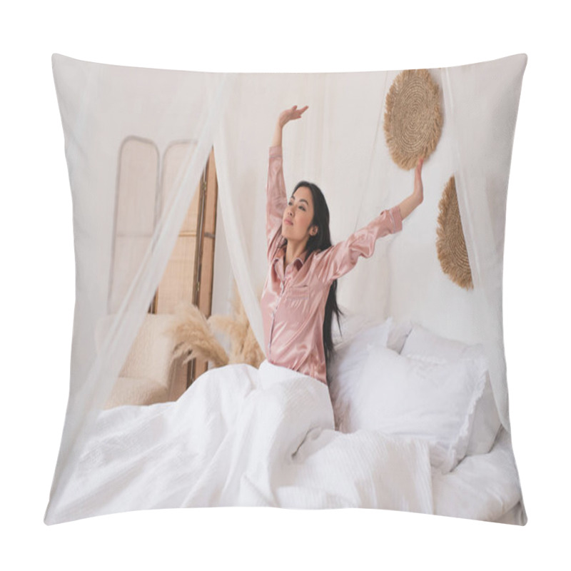 Personality  Young Asian Woman In Silk Pajamas Waking Up With Outstretched Hands In Bedroom Pillow Covers