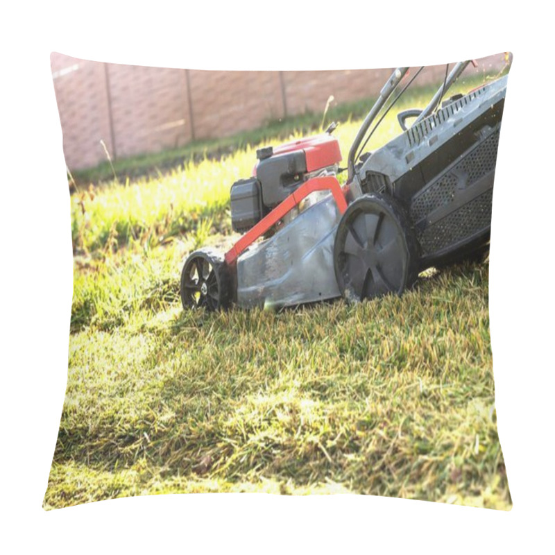 Personality  Lawnmower In Action Cutting Grass On A Sunny Day  Lawn Care And Gardening Concept Pillow Covers