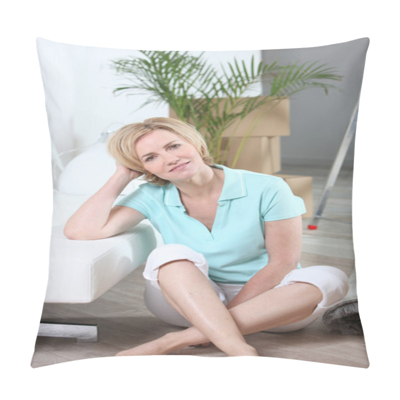 Personality  Woman Sitting Crossed Legs On Floor Of New Home Pillow Covers