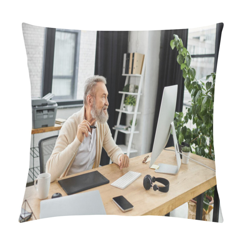 Personality  Mature Man Focused On His Work At A Desk In A Bright And Stylish Office Environment. Pillow Covers