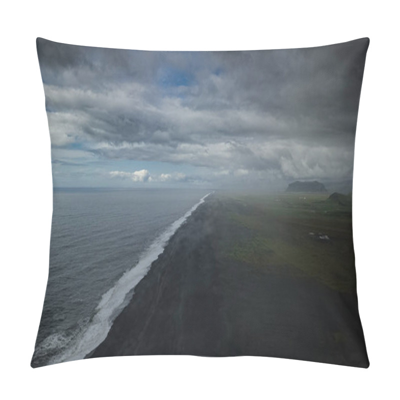 Personality  A Dramatic Aerial Composition Showcasing A Black Sand Beach Reynisfjara Stretching Endlessly, Juxtaposed With Moody Clouds And Tranquil Ocean Waters. A Breathtaking Depiction Of Nature's Raw Beauty And Contrasts In Iceland Pillow Covers