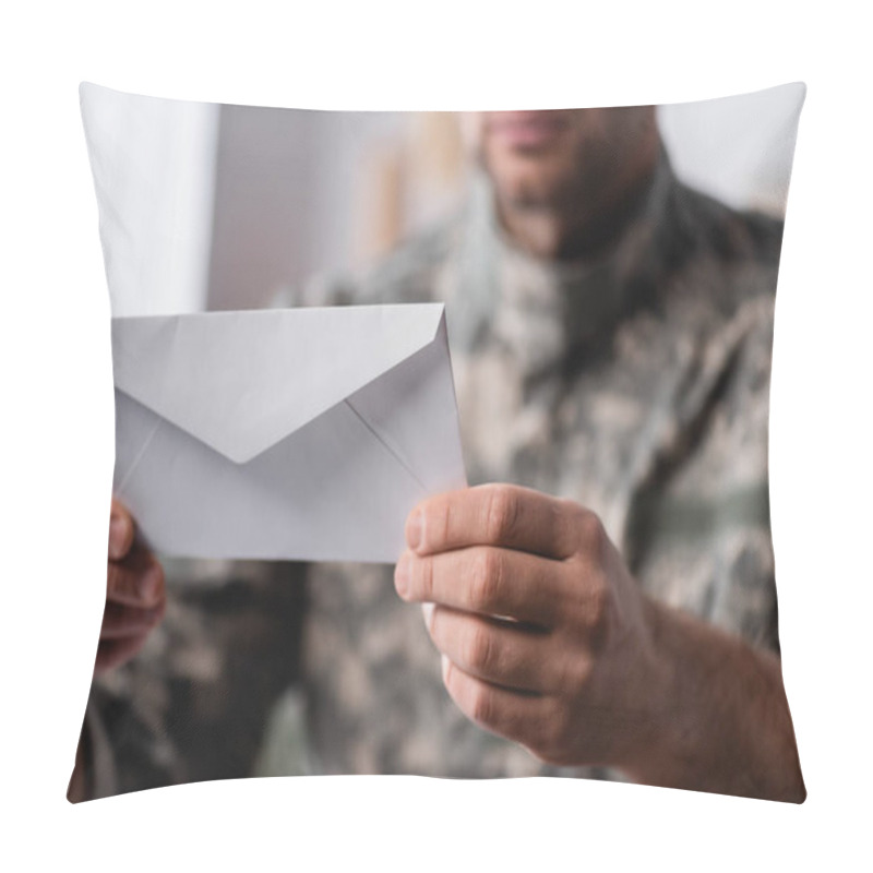 Personality  White Envelope In Hands Of Military Man On Blurred Background Pillow Covers