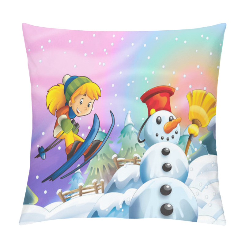 Personality  Cartoon Winter Nature Scene With Happy Snowman And Child Girl Skiing - Illustration For Children Pillow Covers