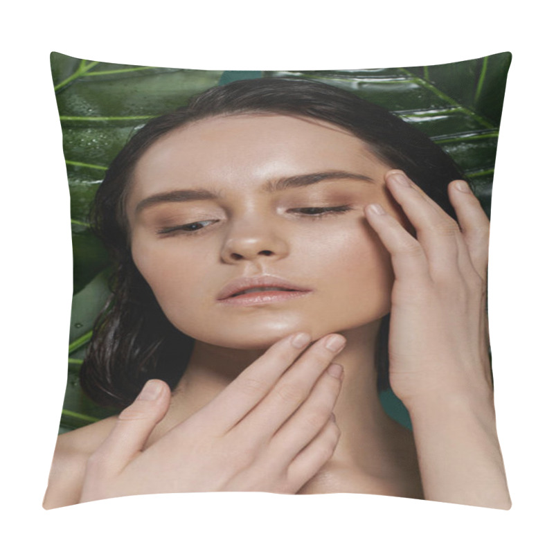 Personality  A Woman With Flawless Skin Poses Against A Vibrant Backdrop Of Lush Green Foliage. Pillow Covers