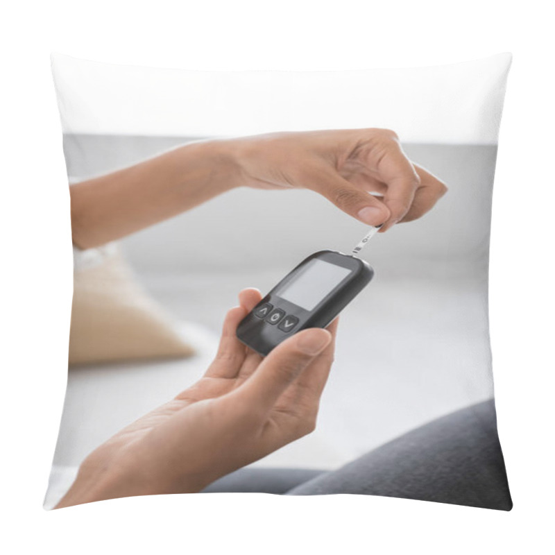 Personality  Cropped View Of African American Woman Using Glucometer While Checking Insulin At Home  Pillow Covers