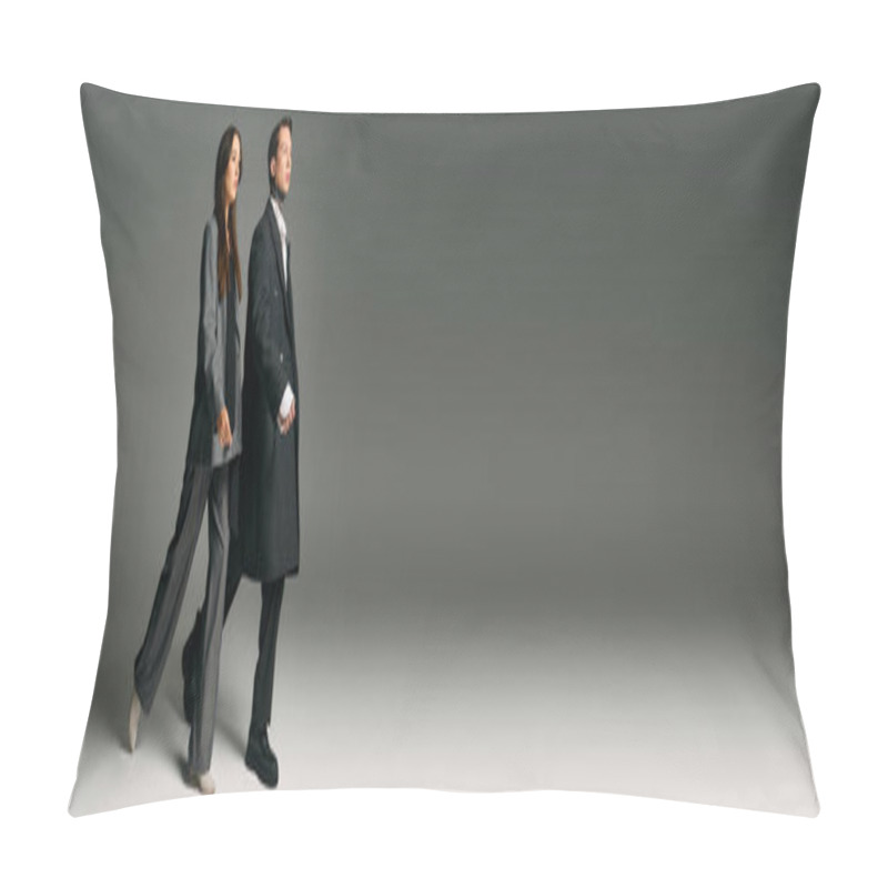 Personality  A Young Couple Strolls Elegantly In Fashion Forward Attire Within An Artistic Setting. Pillow Covers