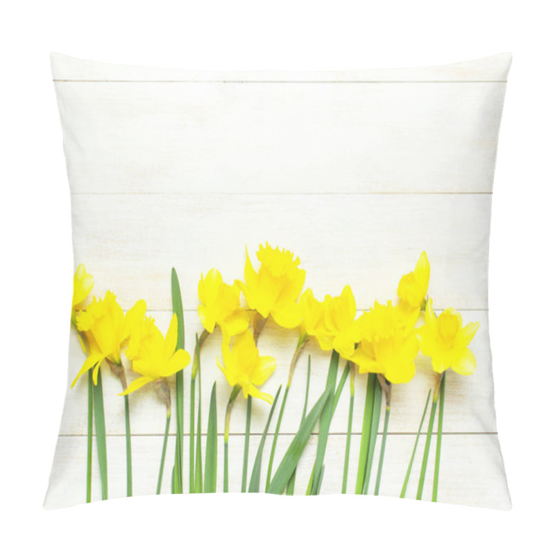 Personality  Spring Floral Background. Yellow Narcissus Or Daffodil Flowers On White Wooden Background Top View Flat Lay. Easter Concept, International Women's Day, March 8, Holiday. Card With Flowers Copy Space Pillow Covers