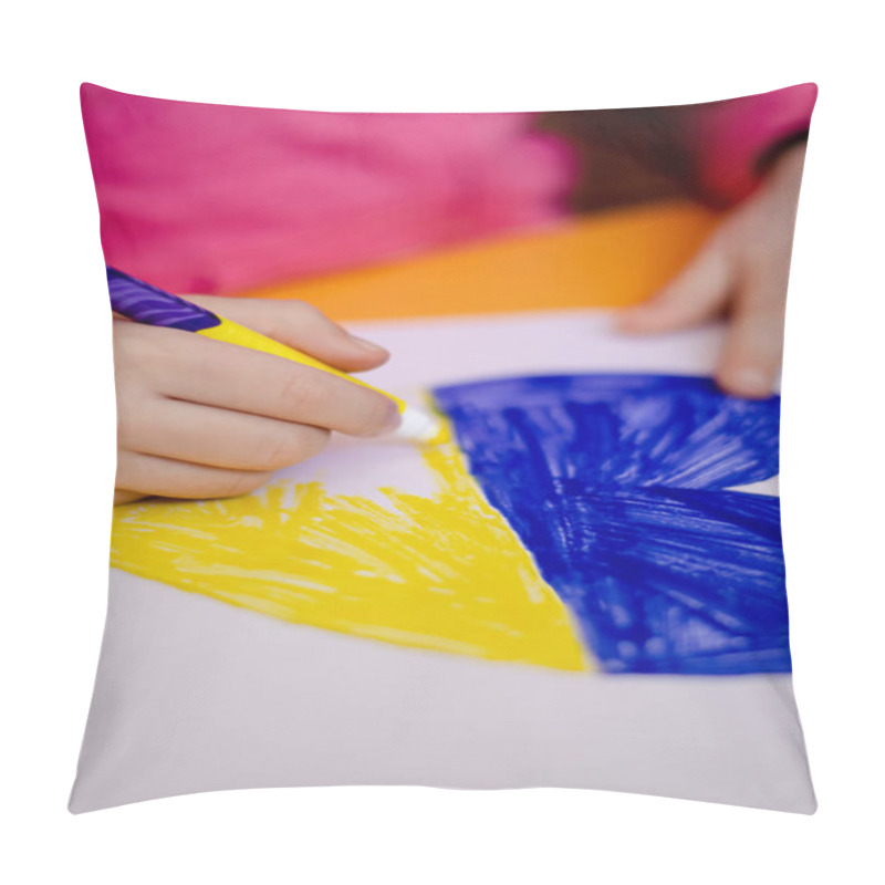 Personality  Cropped View Of Kid Drawing Heart With Ukrainian Flag On Yellow Desk  Pillow Covers