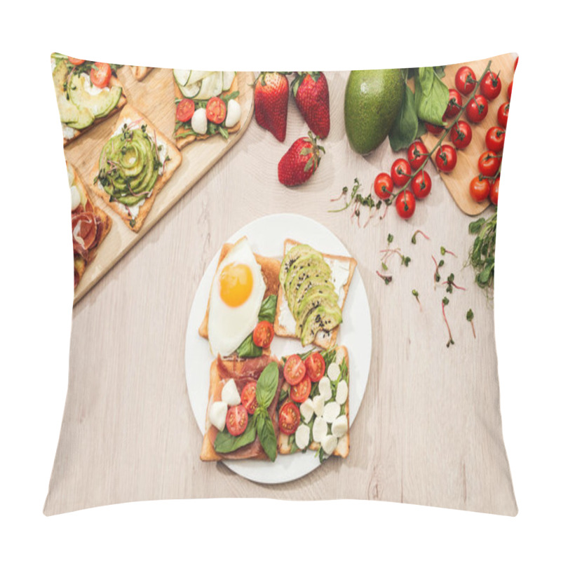 Personality  Top View Of Ingredients And Toasts With Vegetables, Fried Egg And Prosciutto On Wooden Table Pillow Covers