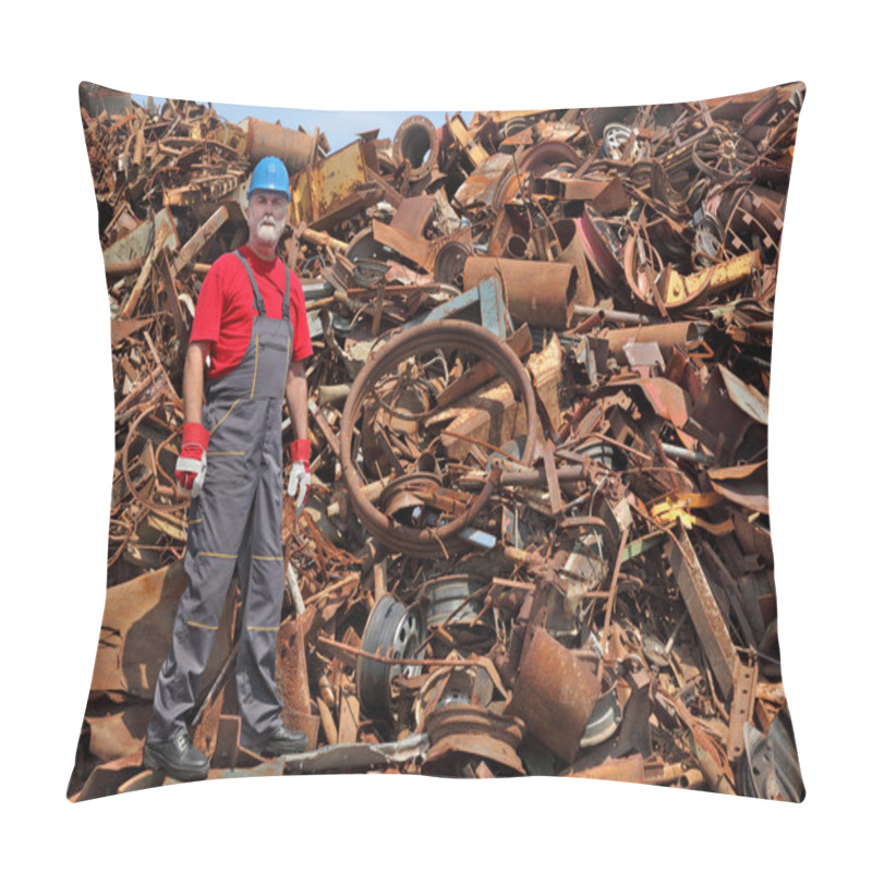 Personality  Recycling Industry, Worker Standing At Heap Of Old Metal Pillow Covers