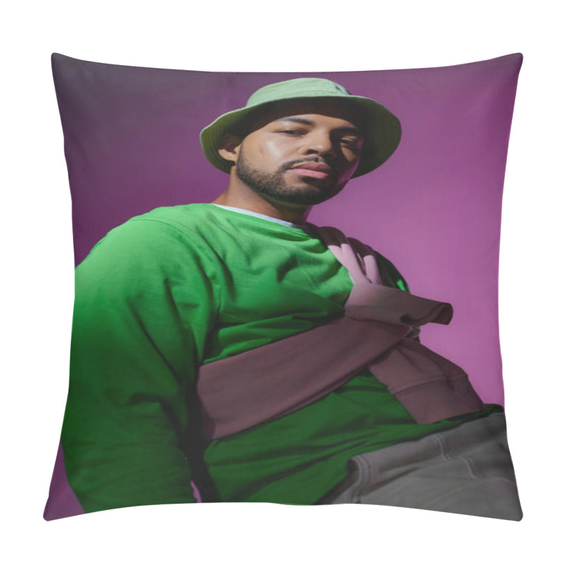 Personality  Young Handsome Man In Green Panama With Purple Sweatshirt Tied On His Shoulders, Fashion Concept Pillow Covers