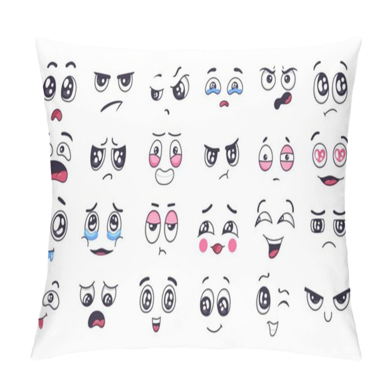 Personality  Funny Cartoon Faces. Face Expressions, Happy And Sad Mood. Laughing To Tears Face, Smiling Mouth And Crying Eyes. Doodle Different Moods Vector Illustration Set. Positive And Negative Emotions Pillow Covers