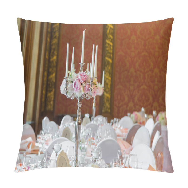 Personality  Candles Burning In A Chandelier On Elegant Dinner Table Pillow Covers