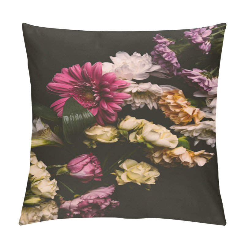 Personality  Close-up View Of Beautiful Tender Various Flowers Isolated On Black Pillow Covers