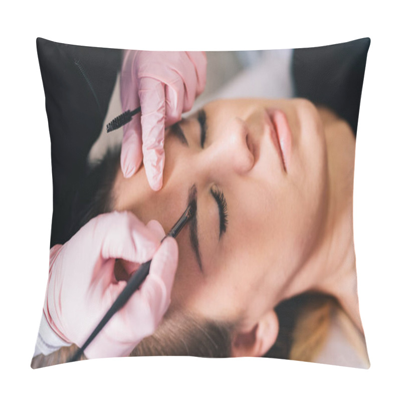 Personality  Beautician Styling Eyebrow Shape And Design On Her Client's Face In A Beauty Salon. Pillow Covers