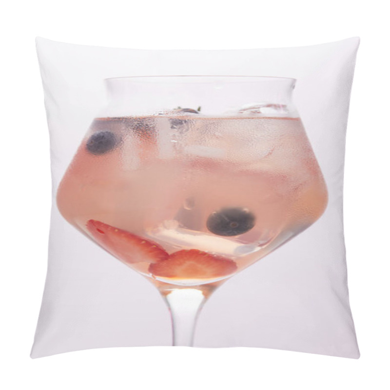 Personality  Close Up Shot Of Glass Of Lemonade With Ice Cubes, Strawberries And Blueberries Isolated On Grey Background  Pillow Covers