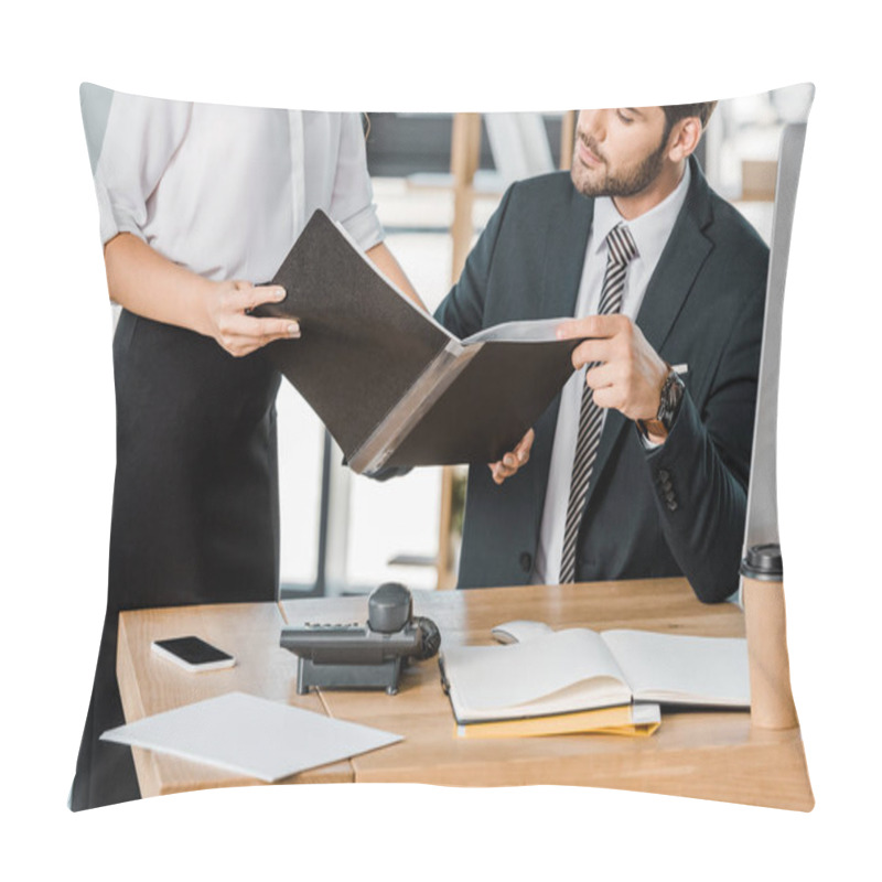 Personality  Cropped Image Of Businesswoman Showing Folder With Documents To Businessman In Office Pillow Covers