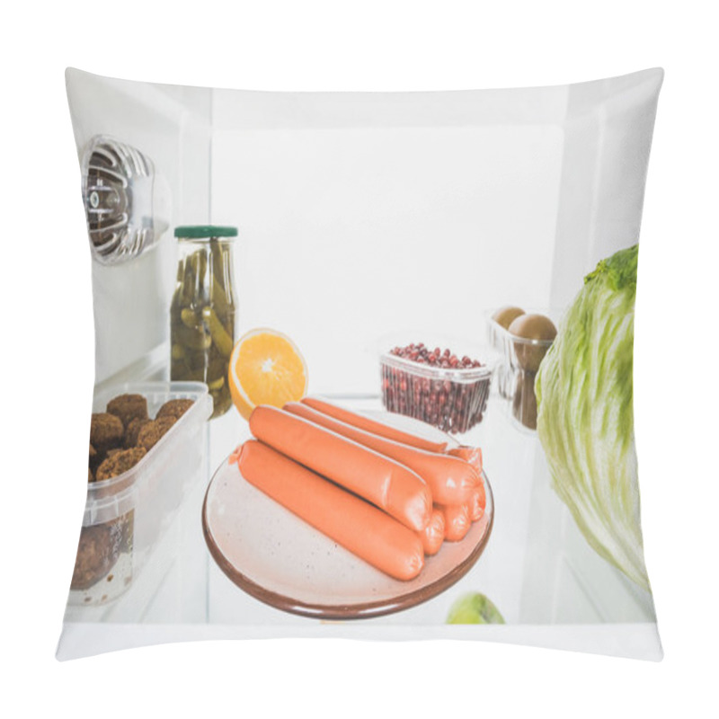 Personality  Sausages, Fresh Fruits And Cabbage On Fridge Shelf Isolated On White Pillow Covers