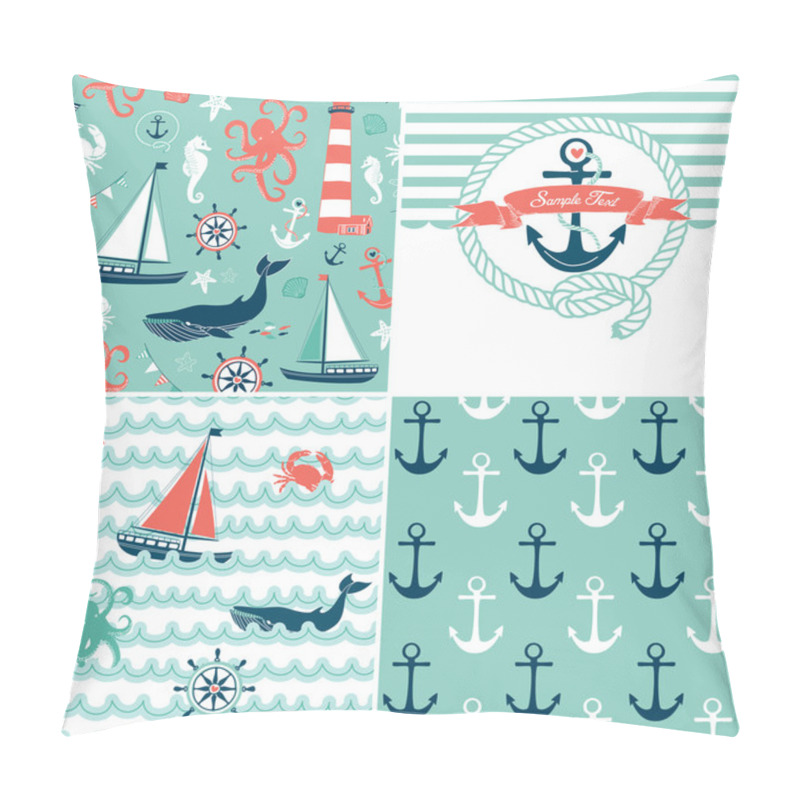 Personality  A Set Of 4 Nautical Backgrounds, Blue, Red And White Seamless Patterns Pillow Covers