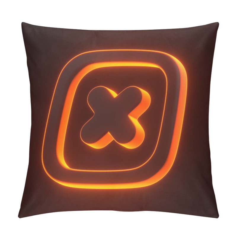 Personality  A Glowing Orange Cross Inside A Square Frame, Illuminated Against A Dark Background, Representing Rejection, Cancellation, Or Error. 3D Icon, Sign And Symbol. 3D Render Illustration Pillow Covers