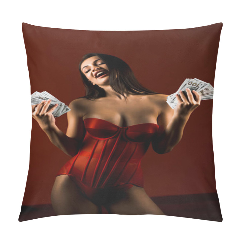 Personality  Sensational Woman In Red Bodysuit Joyfully Throwing Money In A Vibrant Setting To Celebrate Success And Happiness.Success Concept Pillow Covers