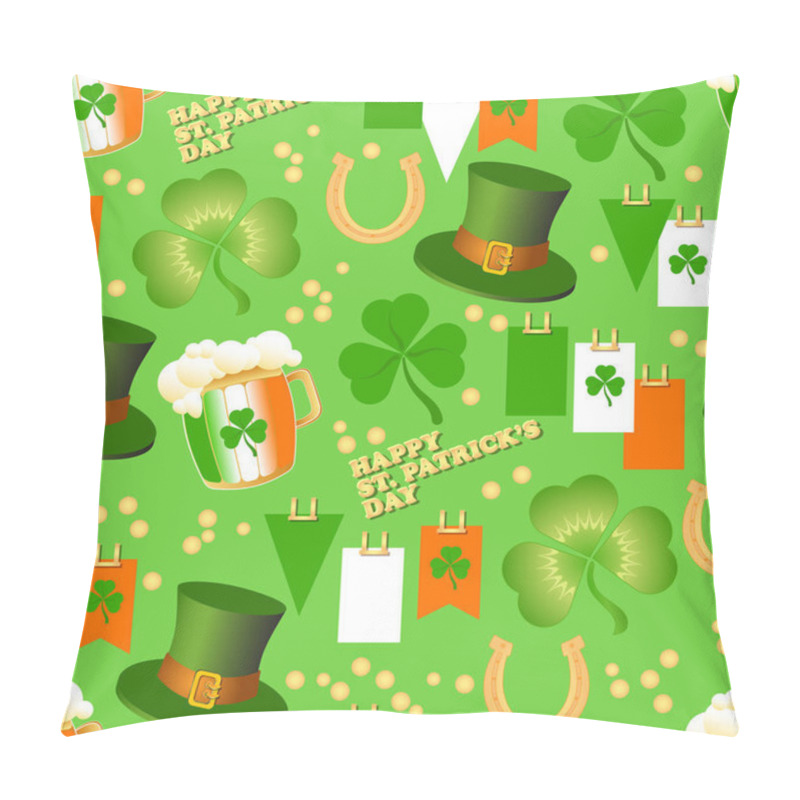 Personality  Vector Seamless Pattern St. Patrick Day. Include Lucky Clover, Hat, Beer Mug, Horseshoe  And The Flags On A Green Background. Pillow Covers