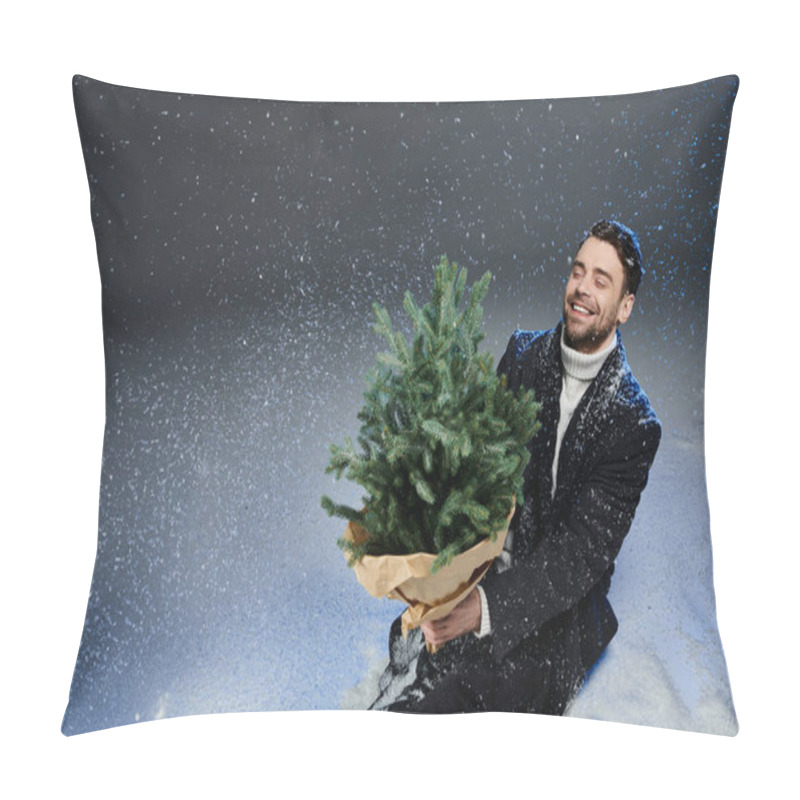 Personality  A Cheerful Young Man Sits In Snow, Happily Cradling A Small Christmas Tree Surrounded By Snowflakes. Pillow Covers