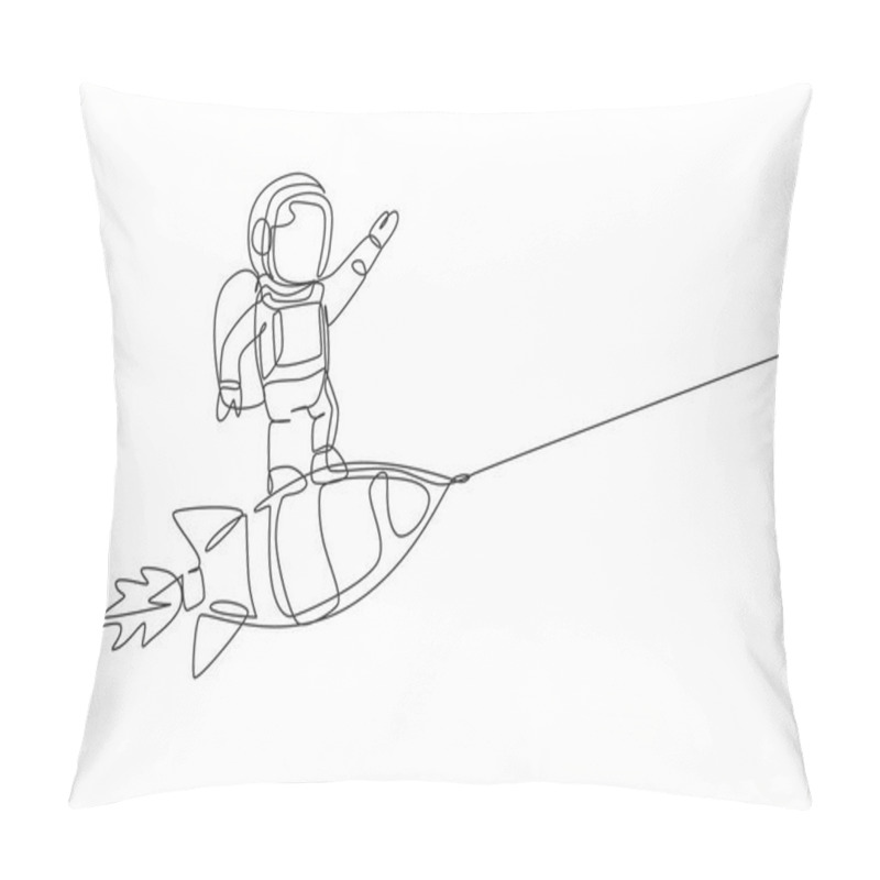 Personality  Single Continuous Line Drawing Of Astronaut In Spacesuit Flying At Outer Space While Standing On Rocket Spacecraft. Science Milky Way Astronomy Concept. Trendy One Line Draw Design Vector Illustration Pillow Covers