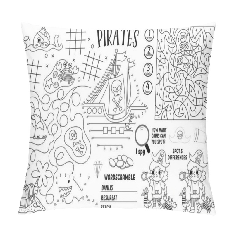 Personality  Vector Pirate Placemat For Kids. Treasure Hunt Printable Activity Mat With Maze, Tic Tac Toe Charts, Connect The Dots, Find Difference. Sea Adventure Black And White Play Mat Or Coloring Pag Pillow Covers