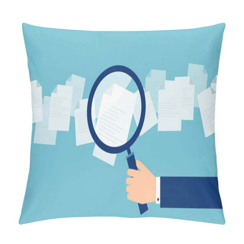 Personality  Crop Hand Of Cartoon Employer With Magnifier Looking Through Candidates Resume In Search  Pillow Covers