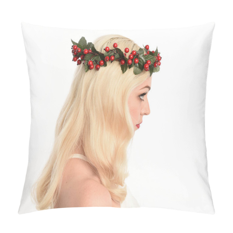 Personality  Close Up Portrait Of Beautiful Blonde Female Model Wearing Holly And Ivy Christmas  Fantasy Wreath Crown Headdress. Isolated Silhouette, Looking Away In Side Profile On White Studio Background. Pillow Covers