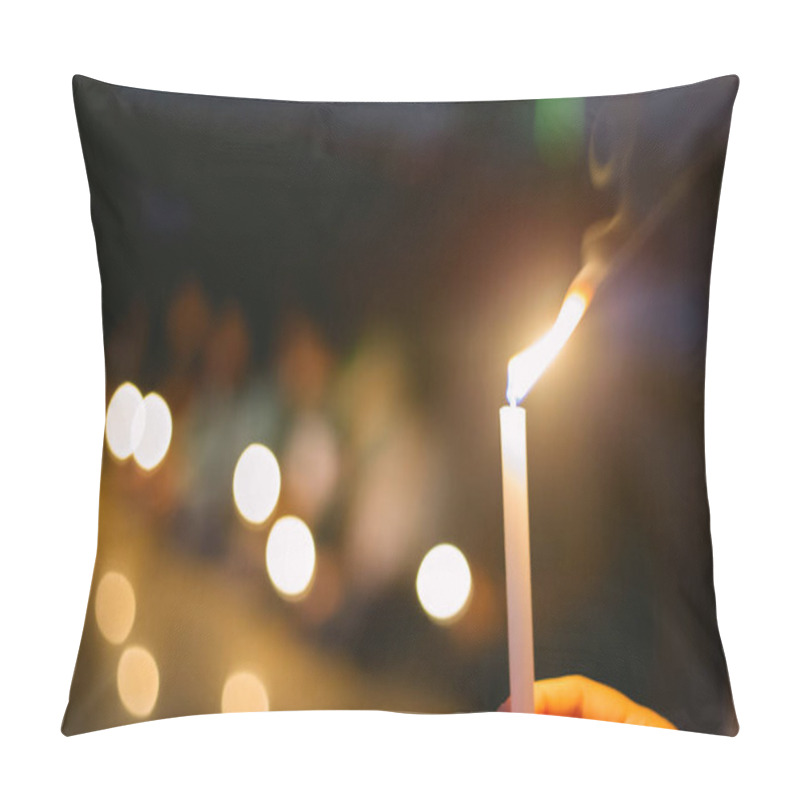 Personality  Soft Focus Of People Lighting Candle Vigil In Darkness Seeking Hope, Worship, Prayer Pillow Covers