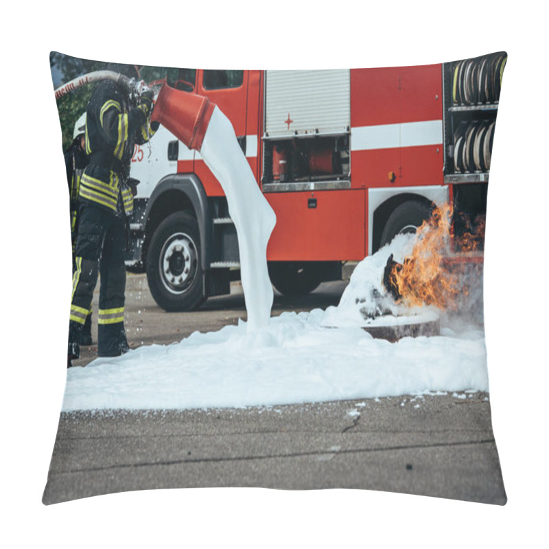 Personality  Partial View Of Firefighter Extinguishing Fire With Foam On Street Pillow Covers