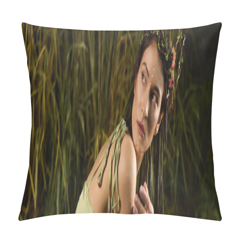 Personality  A Woman In A Green Dress Poses In A Swampy Environment. Pillow Covers