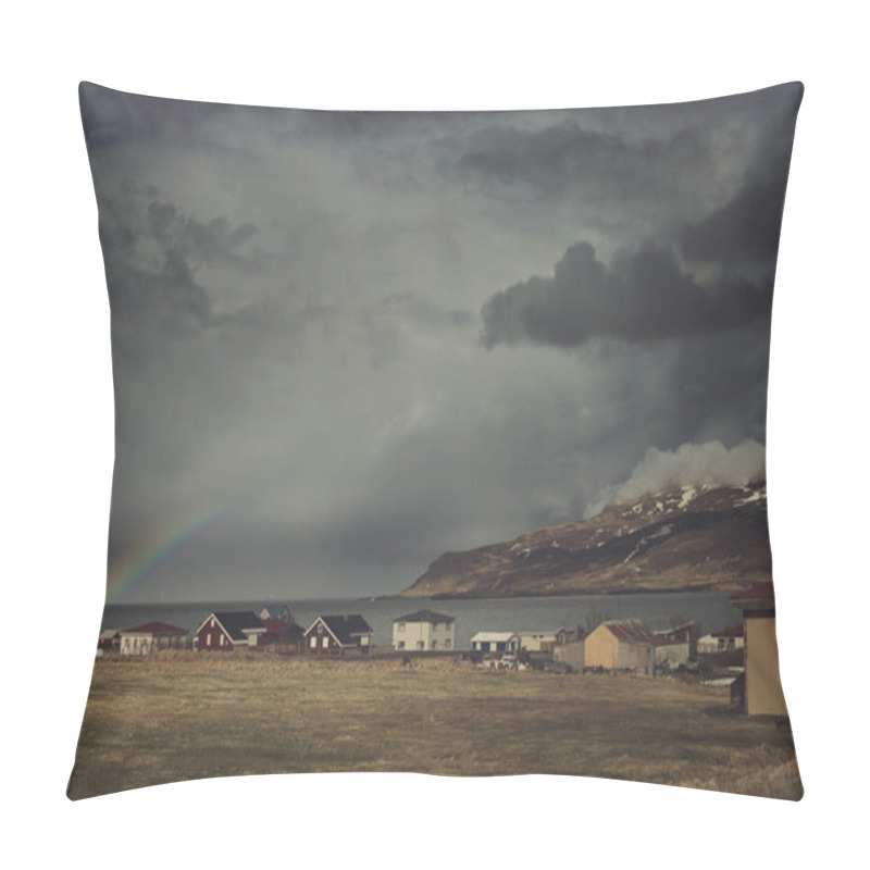 Personality  View Of A Rainbow And Clouds Over The Little Icelandic Village Pillow Covers