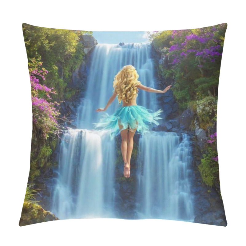 Personality  Cartoon-style Blond Caucasian Fairy In A Medium Long Shot, Her Full Body In Deep Focus, Viewed From A Low Angle. The Fairy Is Perched On The Edge Of A Waterfall, The Water Cascading Behind Her In A Scene Full Of Vibrant Colors And Fantasy Elements. Pillow Covers