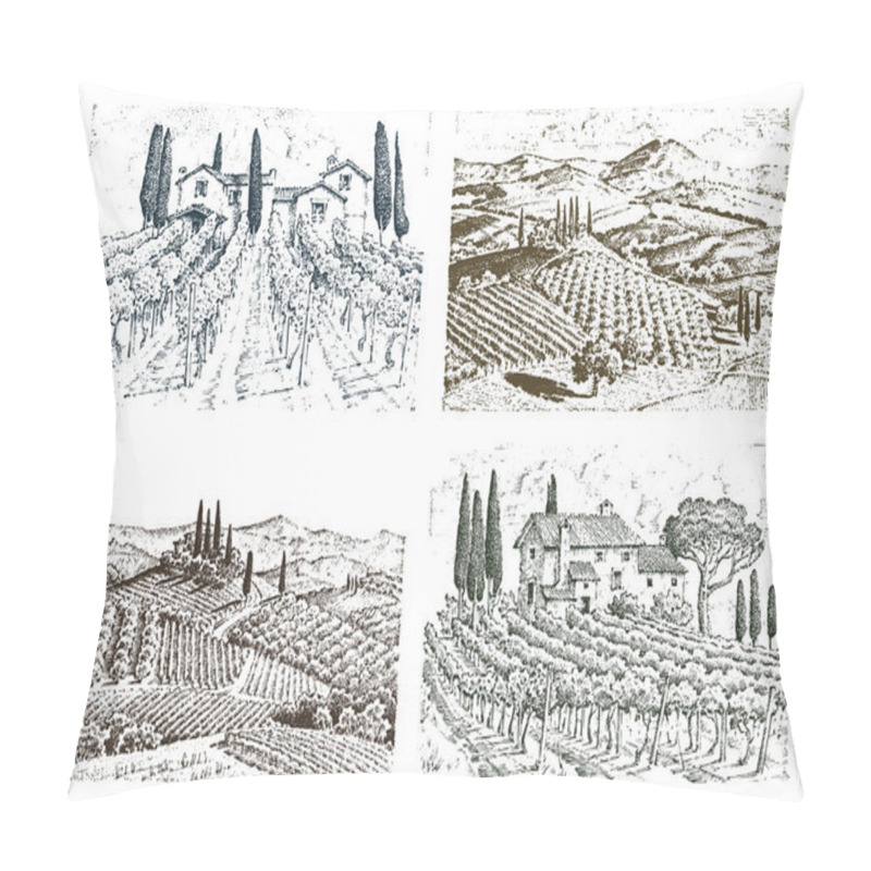 Personality  Rustic Vineyard. Rural Landscape With Houses. Solar Tuscany Background. Fields And Cypress Trees. Harvesting And Haystacks. Engraved Hand Drawn In Old Sketch And Vintage Style For Label. Pillow Covers