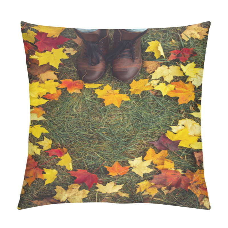 Personality  Young Couples Legs Standing Beside Each Other. Heart Shape Created From Lush And Colorful Maple Leaves. Fresh Green Grass In Middle. Empty Place For Positive Text, Quote Or Sayings. Top View Pillow Covers